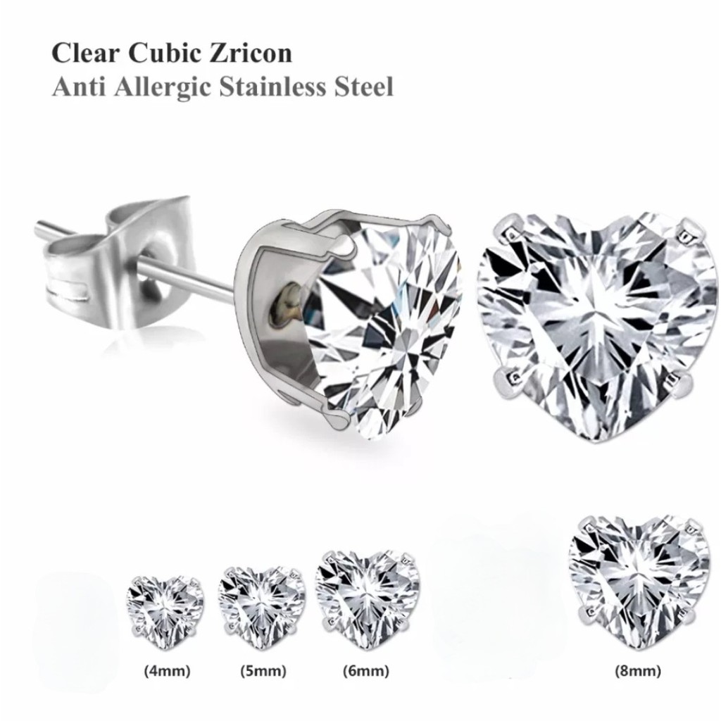 Anting Tusuk Stenless Bentuk Love Zirkon Artifisial Bentuk Hati Warna Stell Gold dan Silver 0,4cm, 0,5cm, 0,6cm, dan 0,8cm