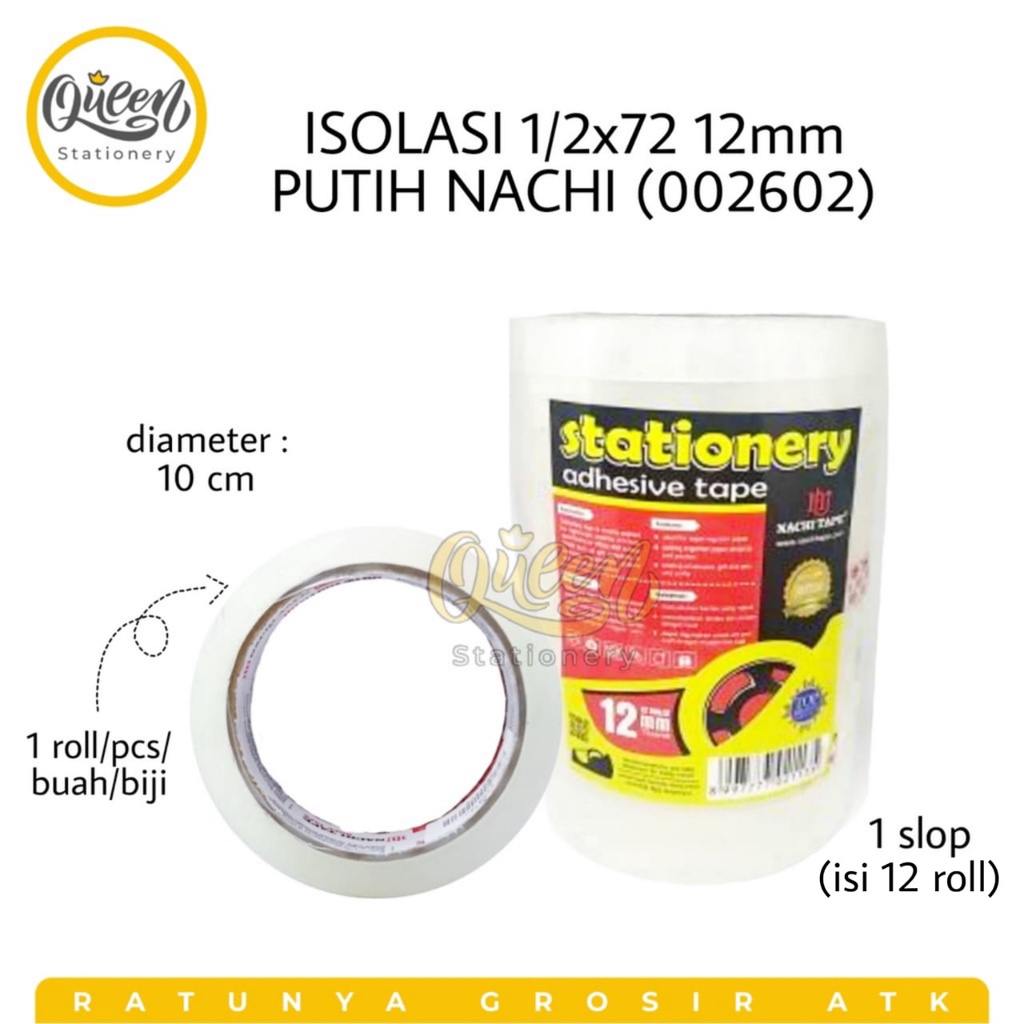 

1 PCS ISOLASI 1/2X72 12MM PUTIH NACHI / SOLASI MURAH / ISI TAPE DISPENSER (002602)