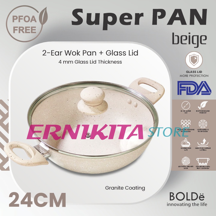 BOLDe SUPER PAN 2 EAR WOK 24 CM + LID - Wajan 24 cm 2 Kuping Tutup Kaca