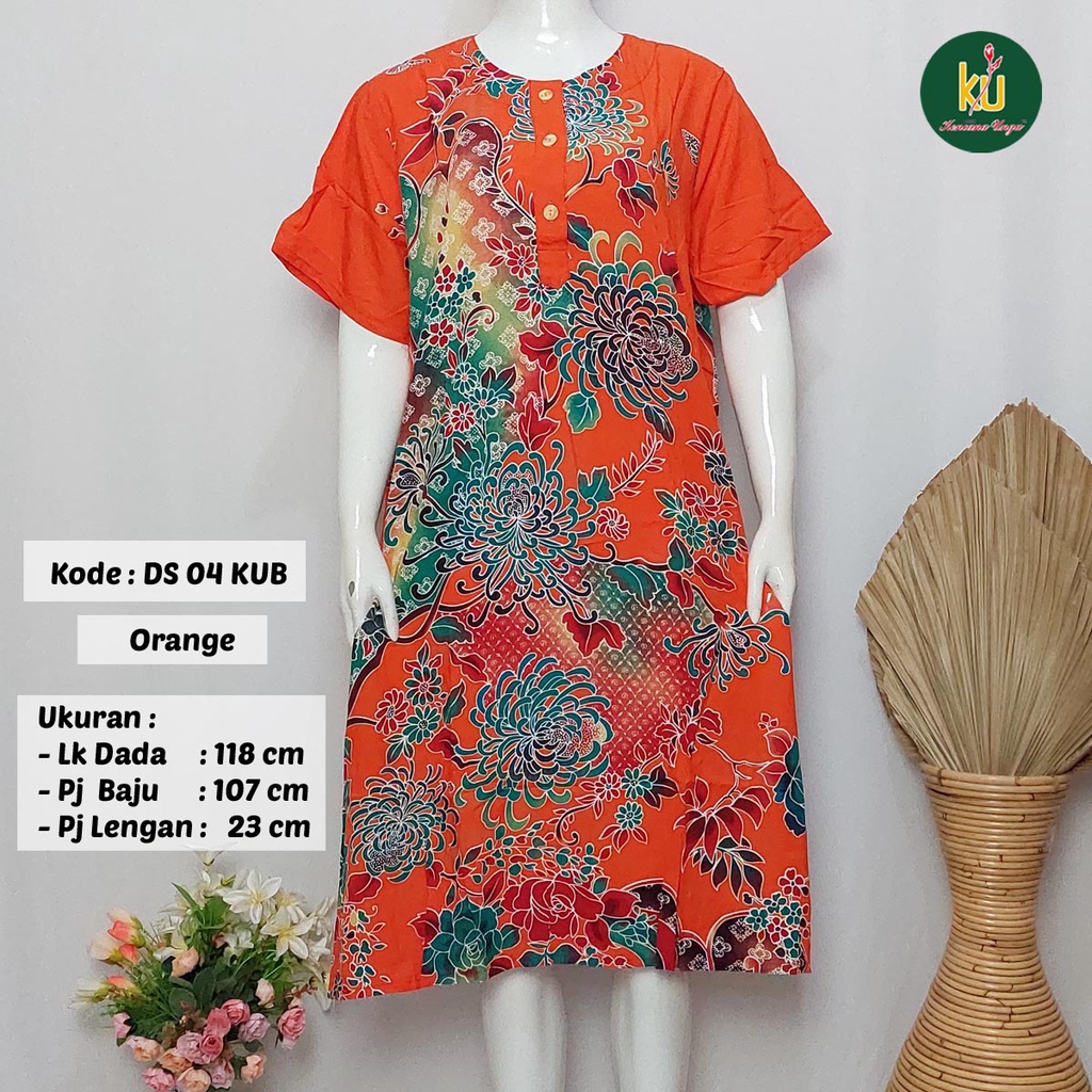 COD DS04 KUB | Daster Batik Kencana Ungu Asli Label Biru Uk. Jumbo LD 120 cm | Baju Santai Tidur Wanita Dewasa Kancing Depan Busui Friendly Motif Terbaru-Orange D