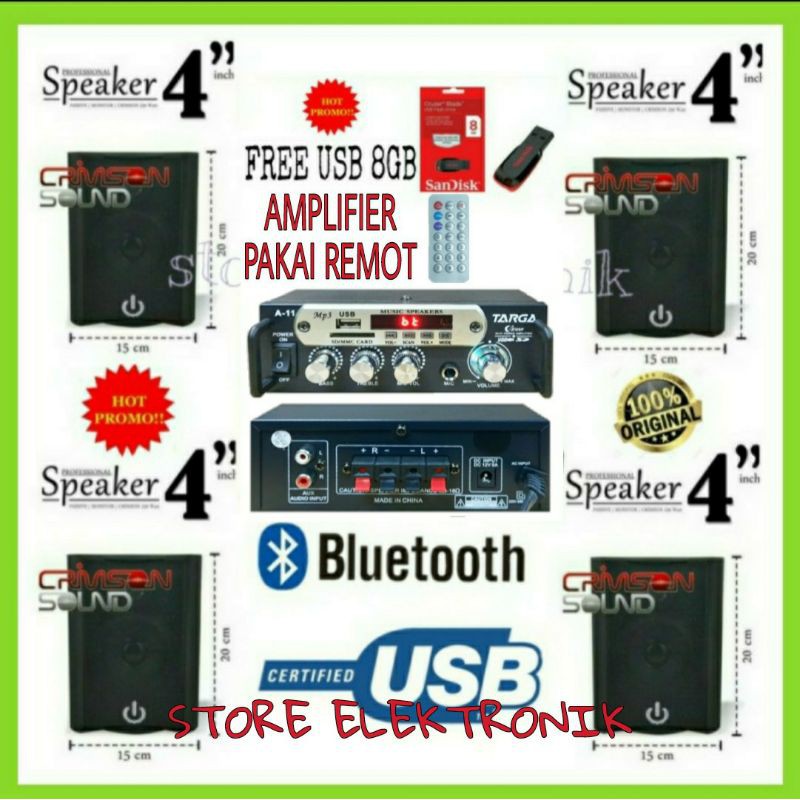 Paket Speaker 4 Inch Ampli Mini Buat Cafe Dan Restoran 4 Titik (Free Usb 8 GB)