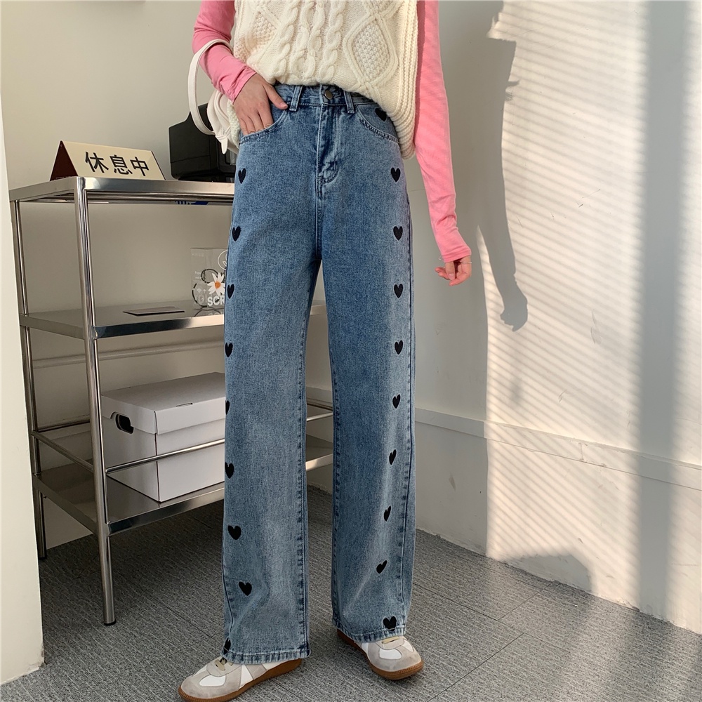 Heart Embroidery Celana Jeans Wanita Terbaru Kekinian Highwaist Celana Panjang Kulot jeans Boyfriend Loose