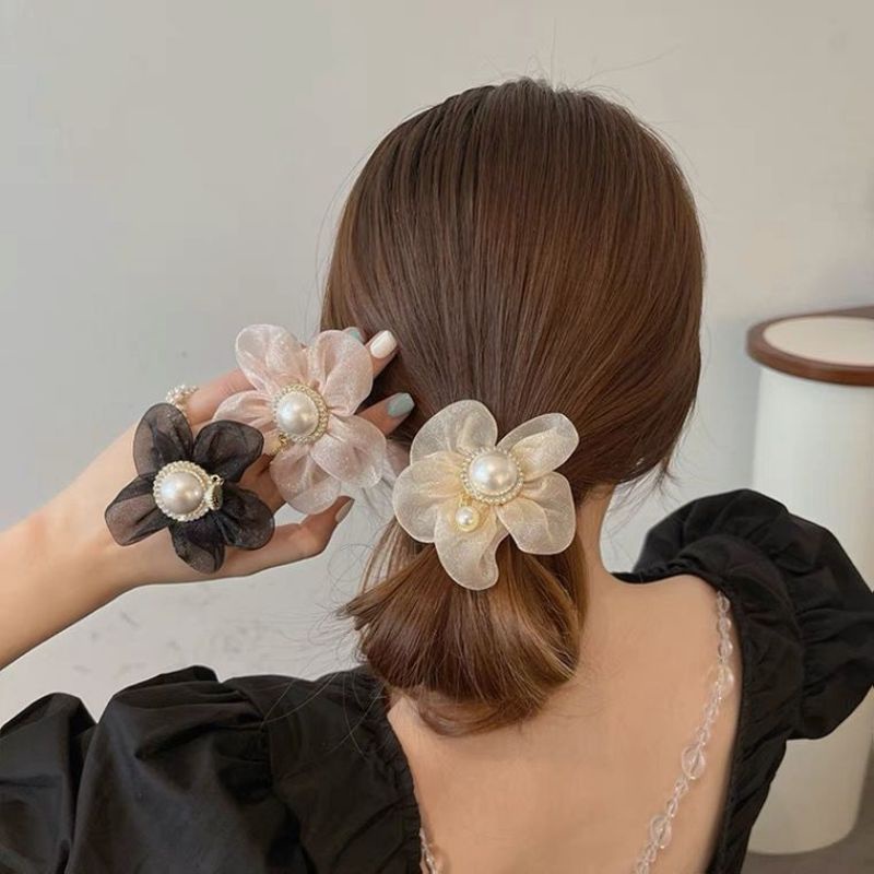 IKAT RAMBUT BUNGA Korea mutiara ikat karet cantik aksesoris hiasan pesta lucu wanita dewasa mewah premium import aesthetic berkualitas META