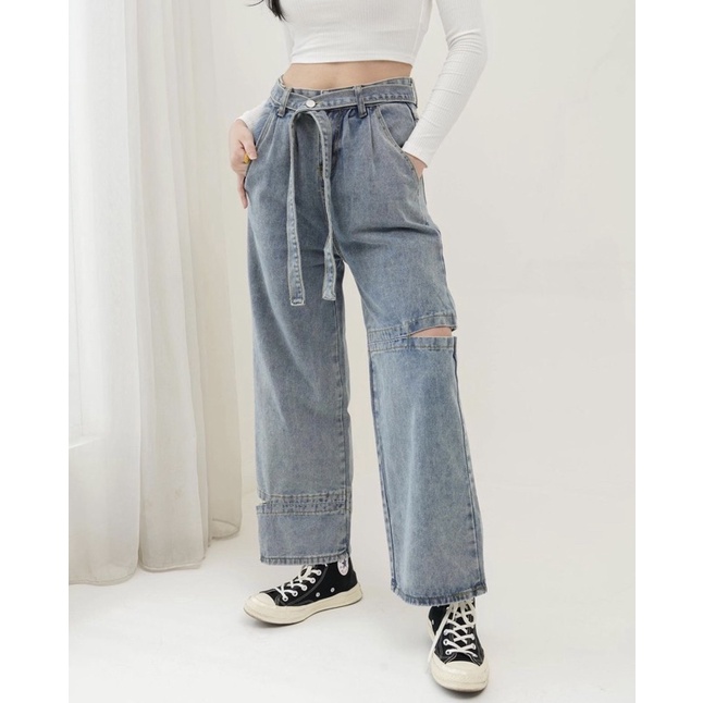 Jeans Korea HighWaist Baggy 8805- Korean Fashion Lisa Blackpink 02