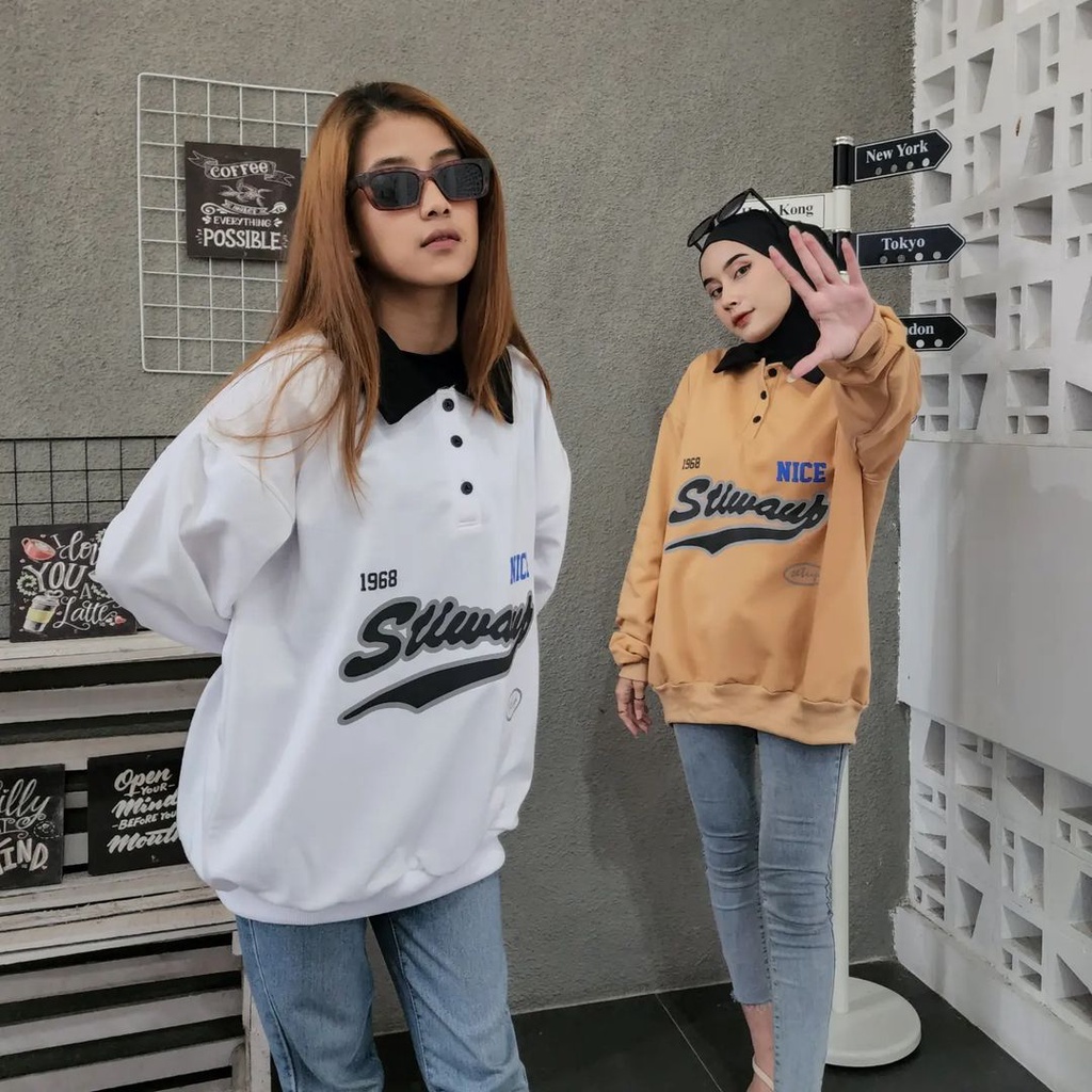 STIWAYS BUTTON COLAR 2XL Sweater Crewneck Berkerah Pria Wanita Oversize Atasan Switer Model Blouse Kekinian Outfit Kece Kasual Korean Style