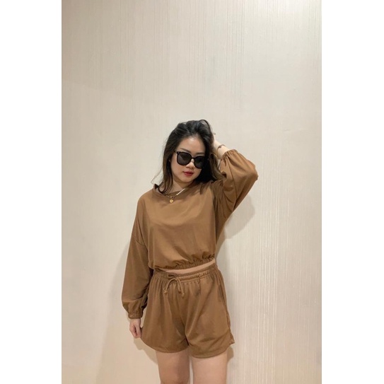 JOSHIN Setelan Hotpant Crop Wanita | Set Croptop Waffle