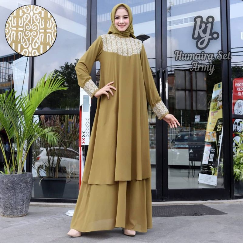 LARFA exclusive GAMIS HUMAIRAH SET BORDIR ORI MIX SWAROVSKY KERUDUNG SEGI 4 SIZE M, L, XL