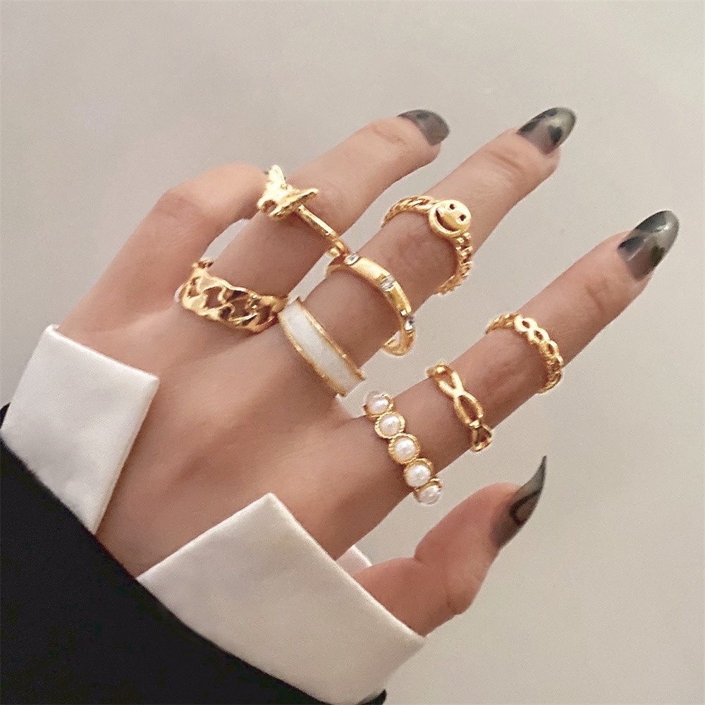 8 piece set  pearl retro ring butterfly smiley fashion ring for women