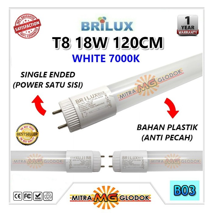 LAMPU LED NEON TL T8 18W 120 CM BRILUX PLASTIK DOVE WHITE (PUTIH) - SINGLE / DOUBLE ENDED - B03