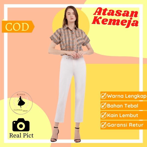 Poce Baju Atasan Kemeja Tunik Bahan Katun Motif Kotak Kecil Kasual Casual Korean Style Terbaru