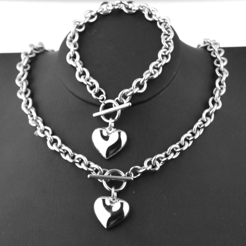 SIY  1Set Women Ladies Stainless Steel Chain Heart Shaped Toggle Bracelet Pendant Necklace for Jewelry Gifts Decor