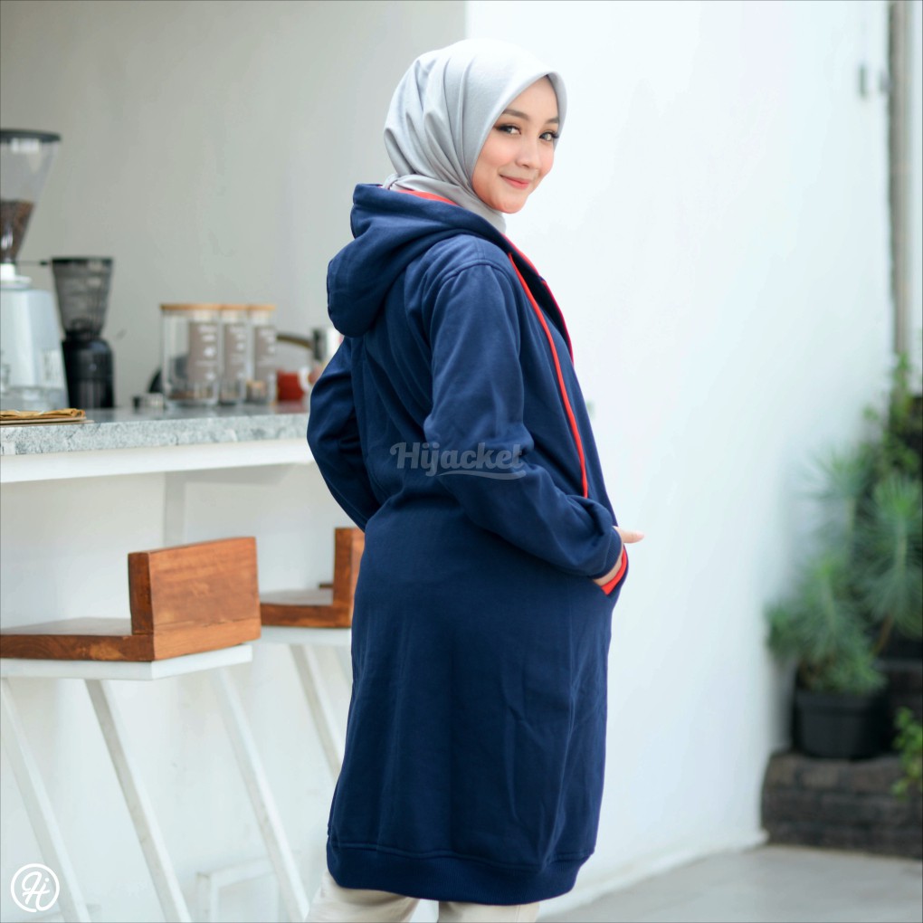Jaket Polos Wanita Hijacket Basic Navy x Red Hoodie Panjang Bahan Premium Fleece Tebal-4
