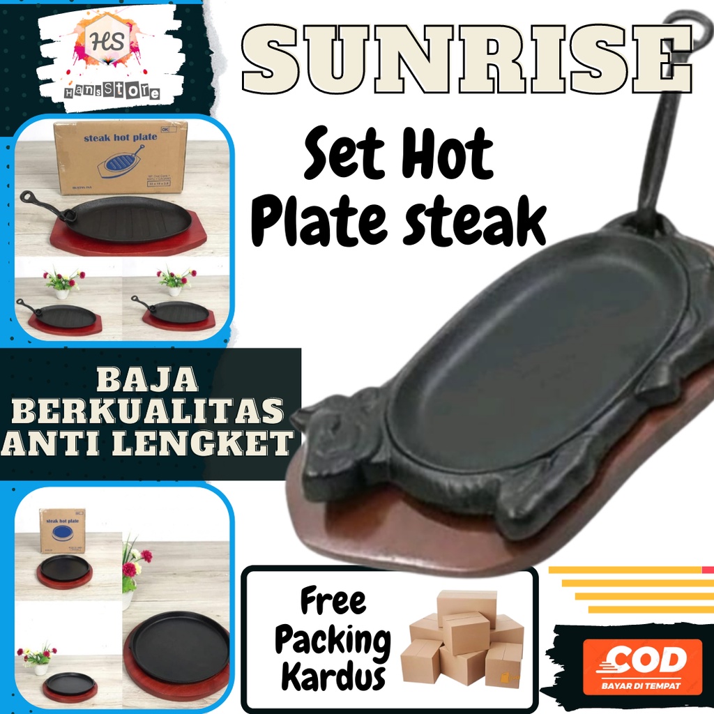 010 Set Hot Plate steak / piring steak restoran sunrise / Nampan Sapi Oval Bulat Sunrise Steak grill