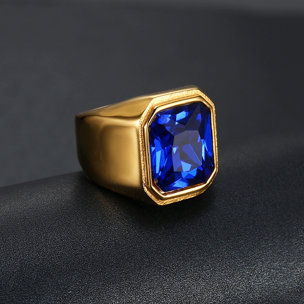 Cincin Permata Kristal Merah Biru Baja Titanium Emas Rubi Safir Fashion Wanita Pria Gold Rings