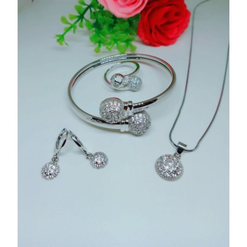 Fourfashion Set Perhiasan Dewasa Motif Bulat Lapis Emas Putih HH063