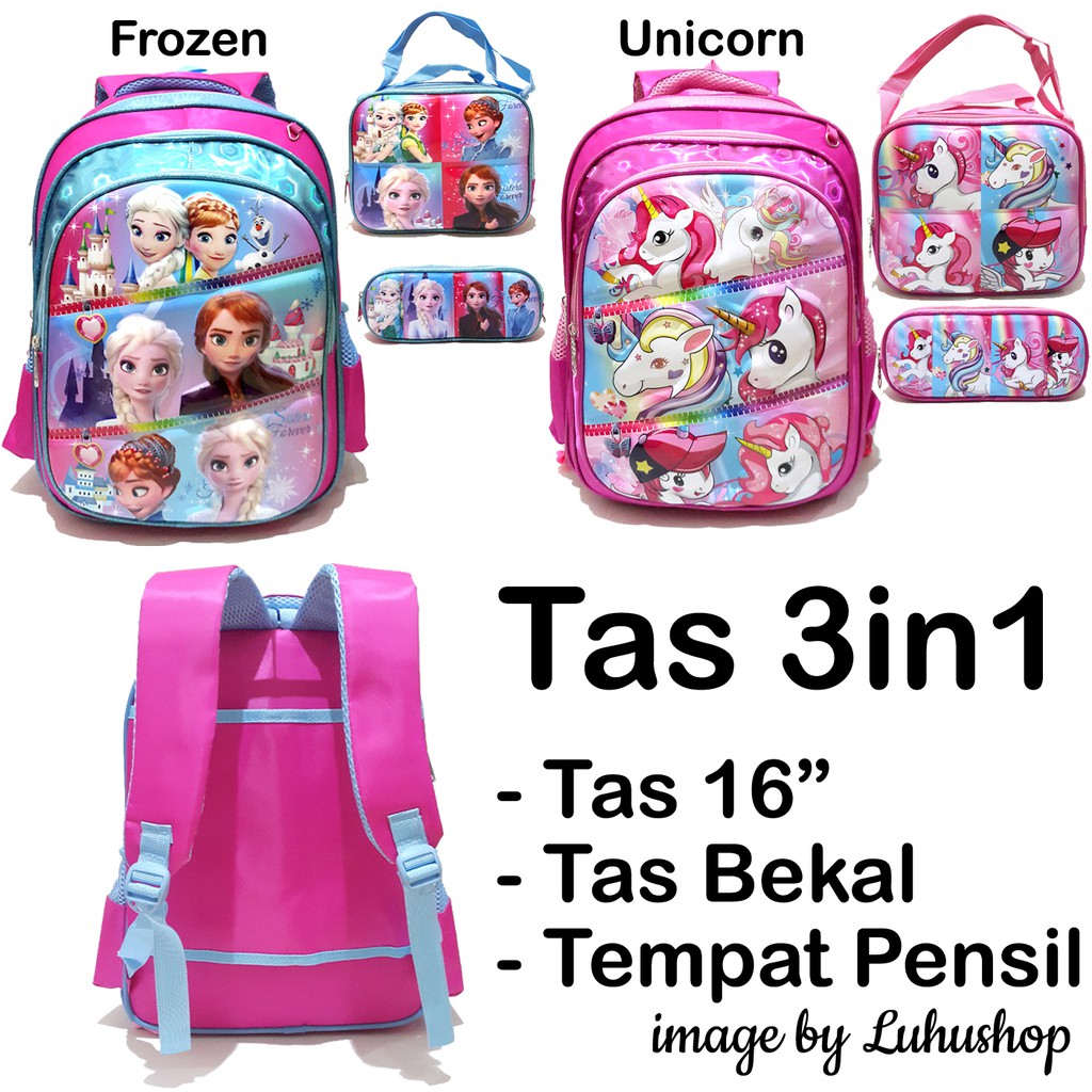 Glossy Paket Tas 3in1 Tas Ransel Selempang Bekal Tempat Pensil Unicorn Tas Anak Perempuan Frosen