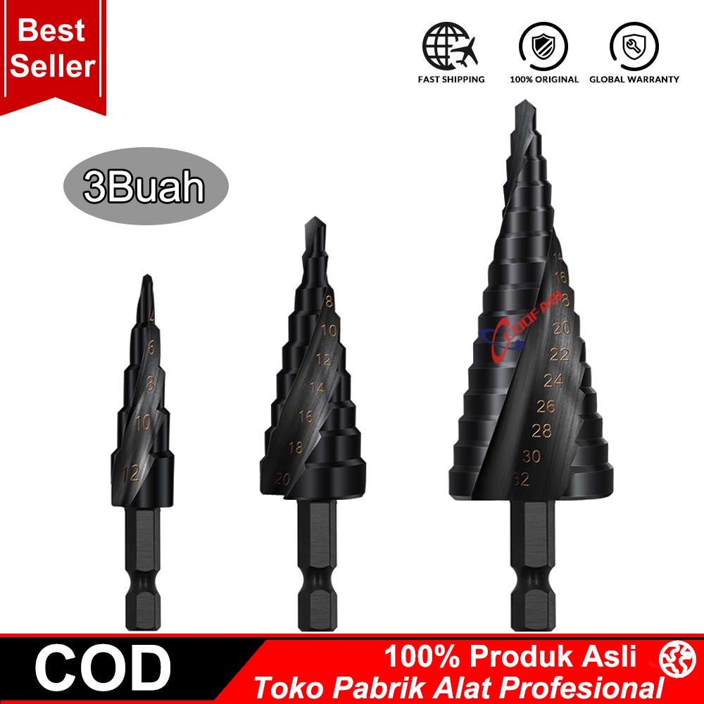 STEP DRILL MATA BOR PAGODA KERUCUT HITAM PEMBOLONG PELUBANG BESI 12MM 20MM 32MM