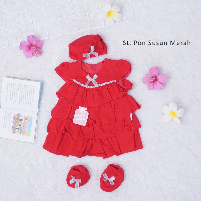 TERBARUU!!! BAJU BAYI 3IN1 SETELAN BAYI DRESS BAYI SATU SET-DRES BAYI PON PON SUSUN MERAH-BAJU BAYI MERAH