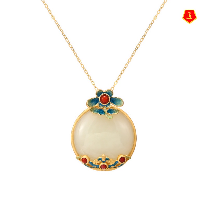 [Ready Stock]Hetian Jade Necklace Female Ethnic Style Enamel Elegant Graceful