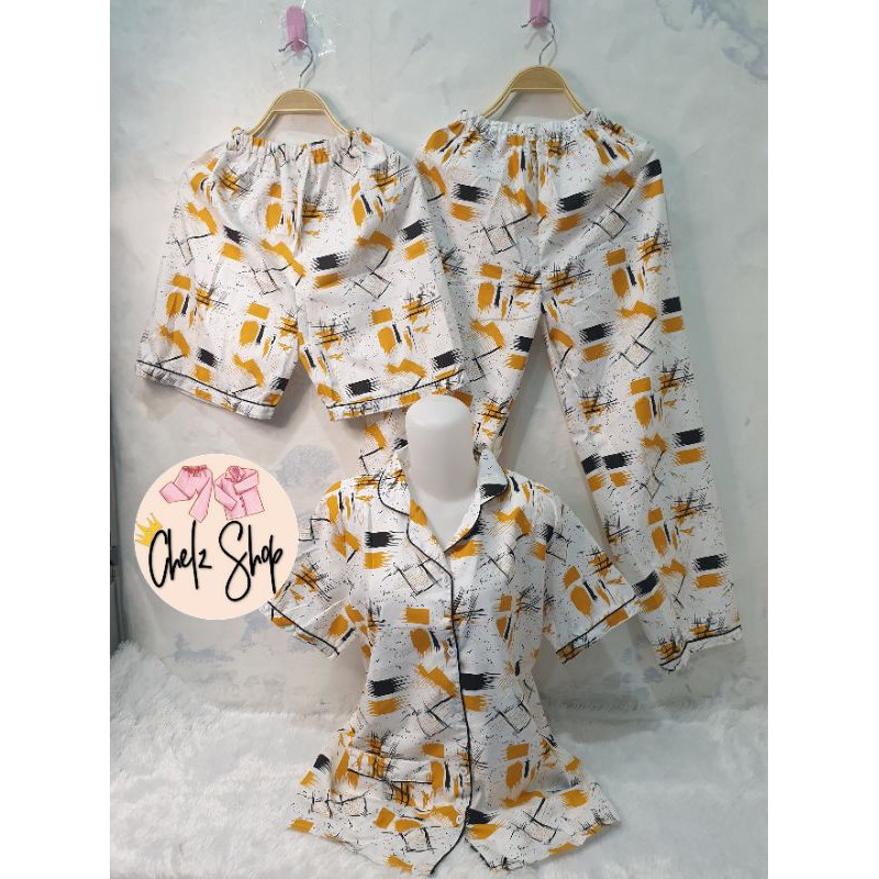Baju Tidur Wanita/Piyama Wanita Dewasa Katun Motif Daun Part 3-3in1 ABSTARCT MSTARD