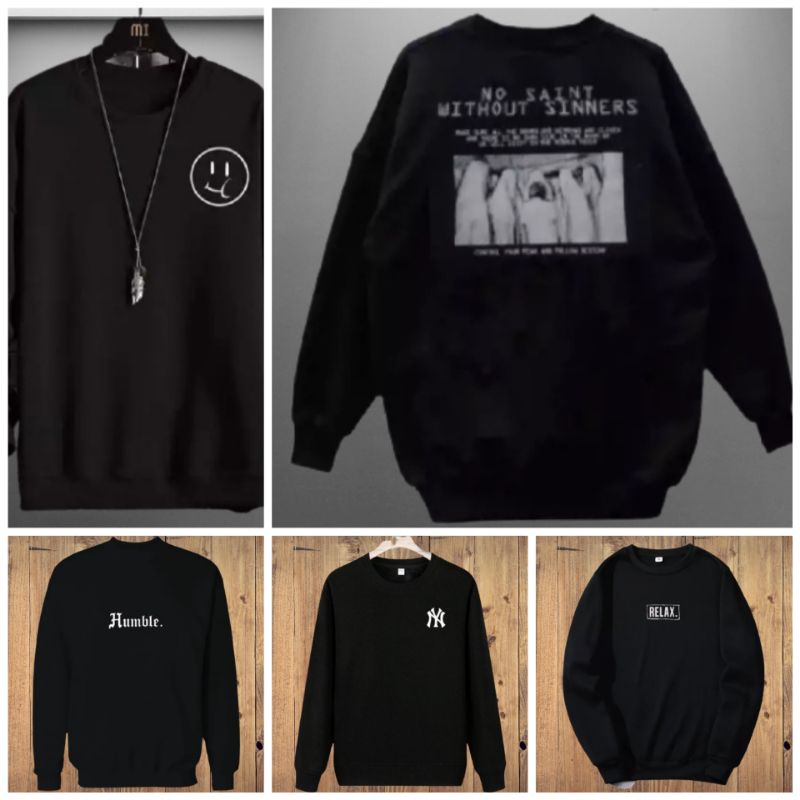 crewneck sweater distro hitam 15 motif bahan tebal halus terbaru 2022 - crewneck sweater Hoodie hita