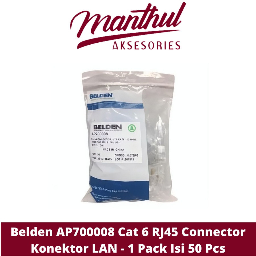 Belden AP700008 Cat 6 RJ45 Connector Konektor LAN - 1 Pack Isi 50 Pcs