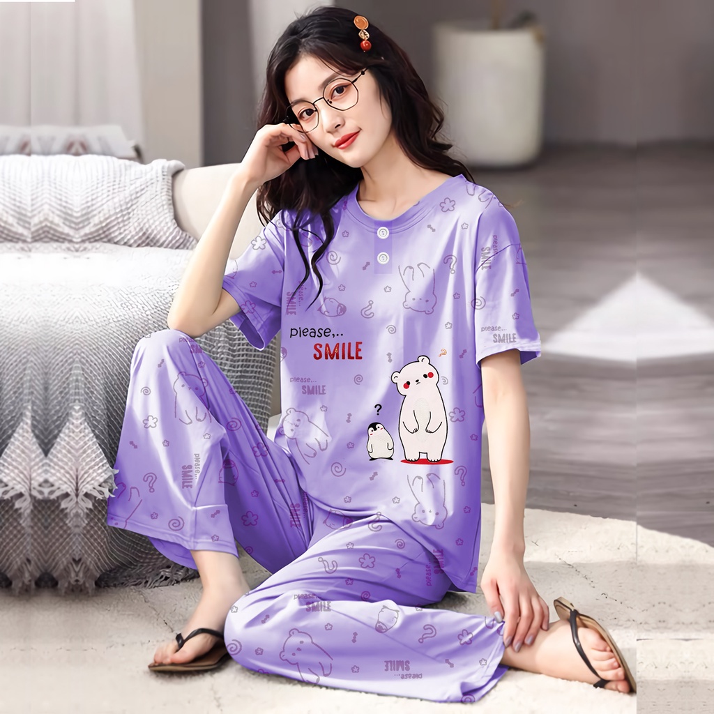 Lilipop.id  Baju Tidur Wanita CP Penguin Setelan Piyama BabyDoll Kaos Celana Panjang