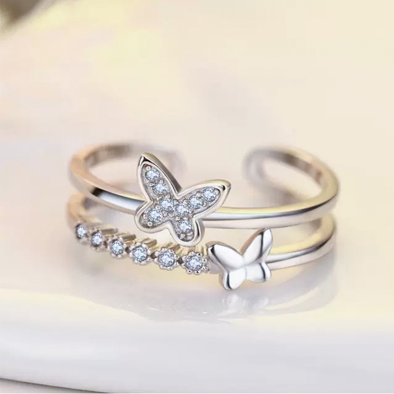 COD✨Cincin Terbuka Wanita kupu-kupu Anti Karat Dan Anti Luntur Ganda Berlian Ekor cincin jari telunjuk Sederhana Aksesoris Simple Murah Fashion