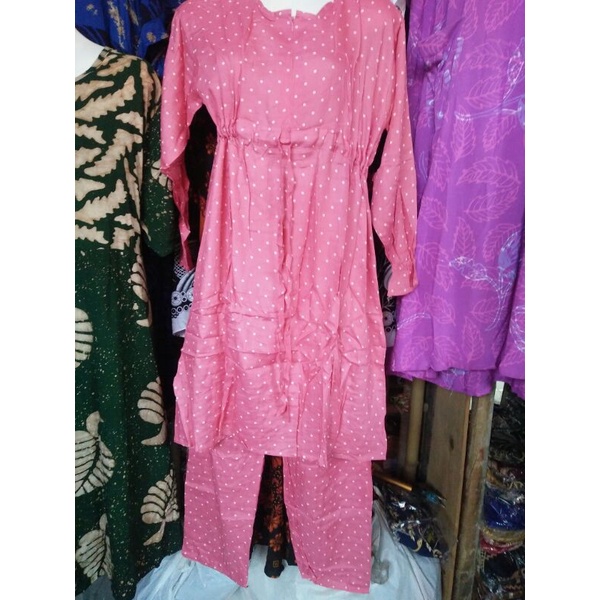 set,cel/tunik busui /tali serut depan/motif polka /bahan rayon premium