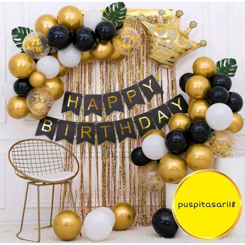 KING BLACK GOLD CHAIN DEKORASI SET/DEKORASI ULANG TAHUN/BALON ULANG TAHUN/PAKET DEKORASI ULANG TAHUN