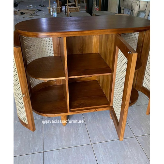 BUFET RETRO ROTAN MINIMALIS BENTUK OVAL BAHAN KAYU JATI FINISHING NATURAL UKURAN 120x90cm-3
