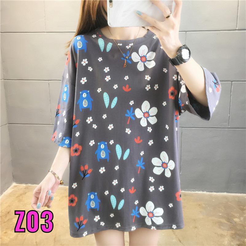 Oversize Tee Tshirt   Wanita Model Longgar Motif Bear Bunga Z03