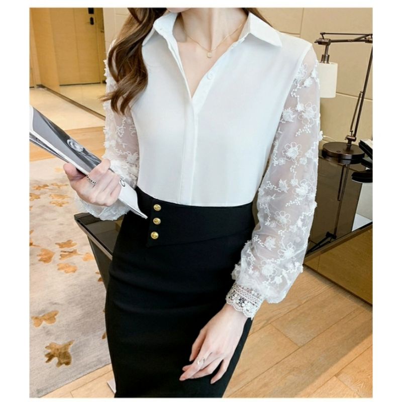 MDLV ~ 8651 Dellaney Lce Shirt Atasan Blouse Combi Lace Baju korea Combi Renda Rajut Fashion Import