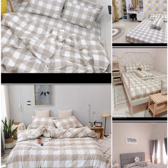 SPREI AESTHETIC MOTIF KOTAK KHAKI | SEPRAI KOTAK ALA KOREA UKURAN 180X200/160X200/120X200/90X200