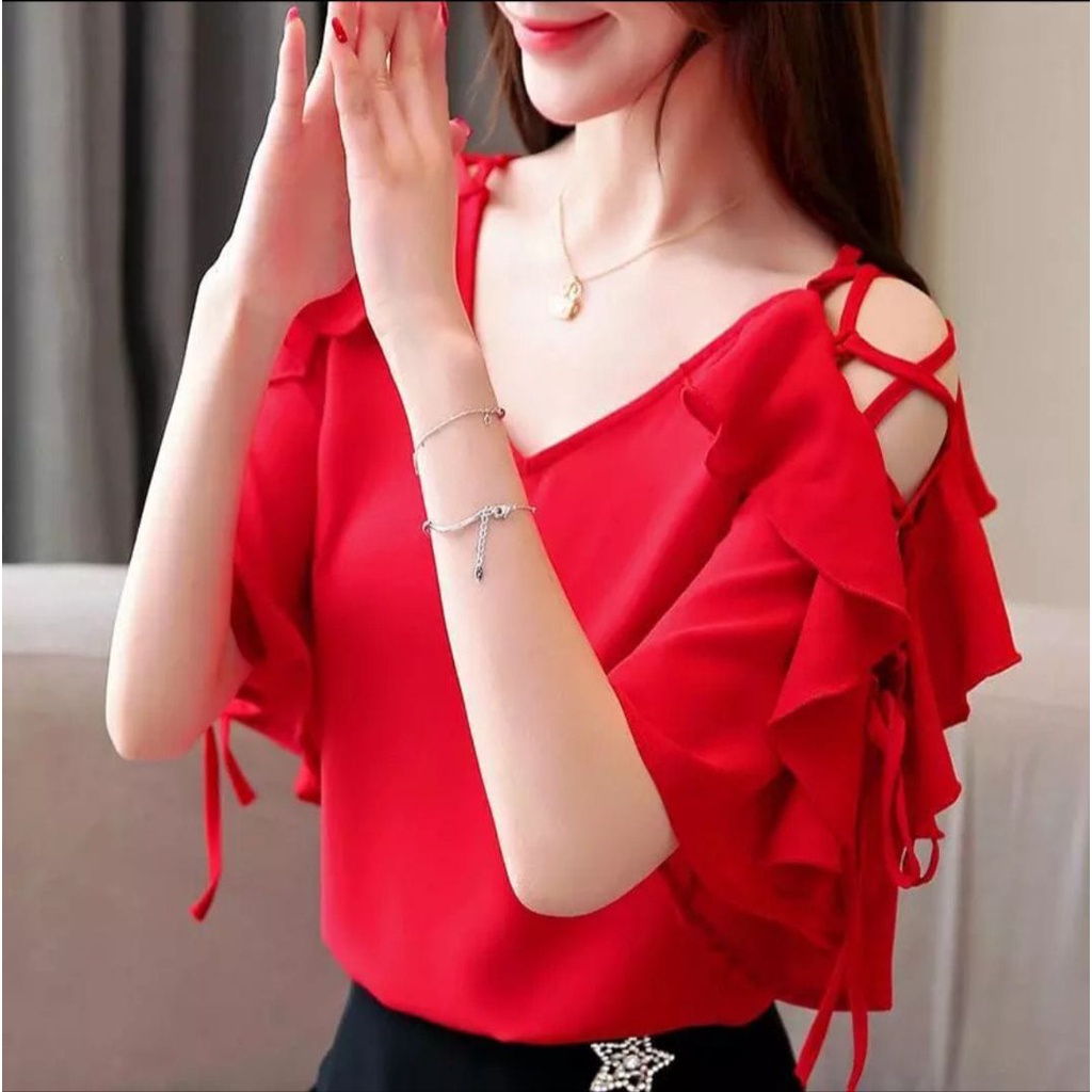 INV - BLOUSE WANITA / NATASHA / RED / TALI BAHU / RUFFLLE / KOREAN / TERBARU