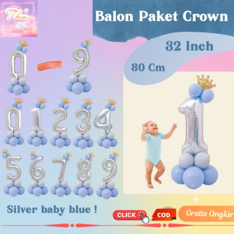 Balon Ulang Tahun Dekorasi Paket Angka foil Jumbo Crown mahkota gold 80 Cm Biru Silver Abu pastel se