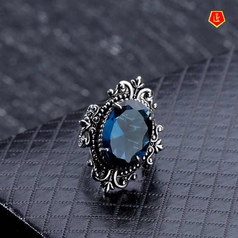 [Ready Stock]Blue Topaz Ring European and American Retro 925 Silver