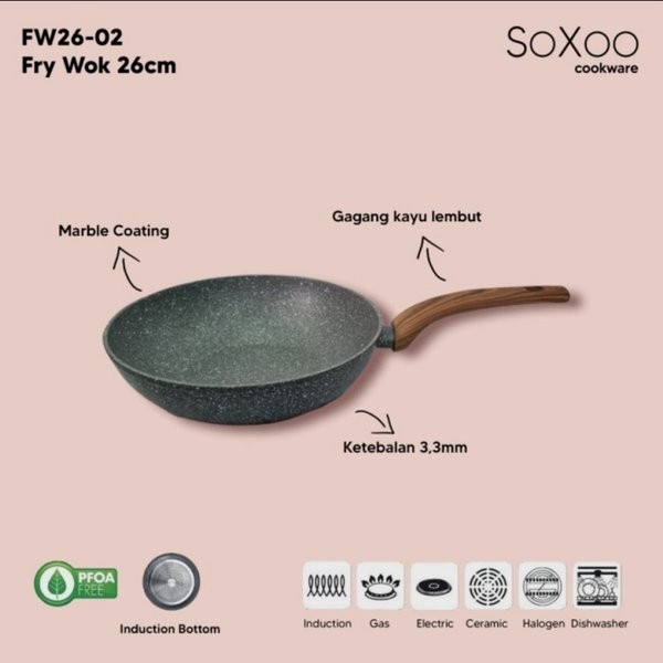 Soxoo Cookware Fry Wok Marble 26 cm FW20-01 Panci Penggorengan
