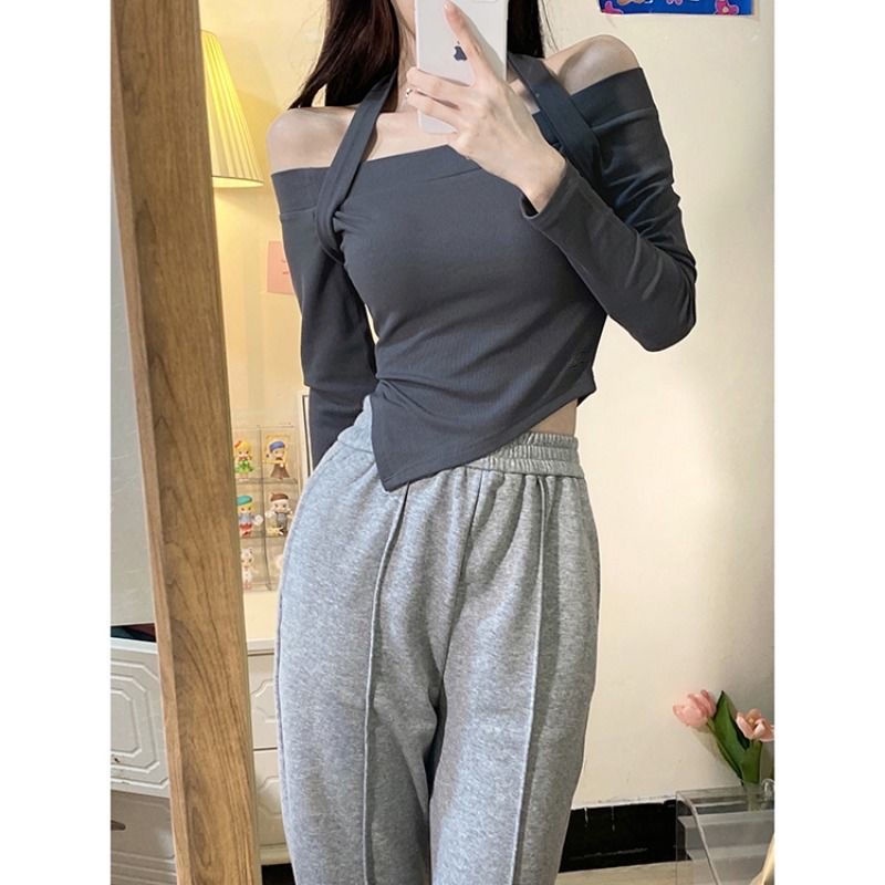 One-piece/jas wanita tidak beraturan pendek satu bahu halter neck T-shirt top + celana lebar kaki ce