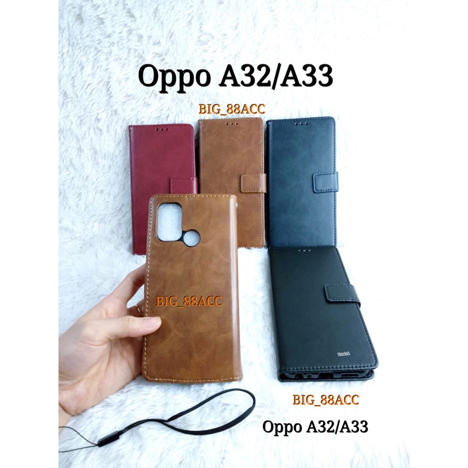 Leather Case Flip Cover Kulit Oppo A32  / A33 2020 Wallet Casing - Sarung Kulit Dompet