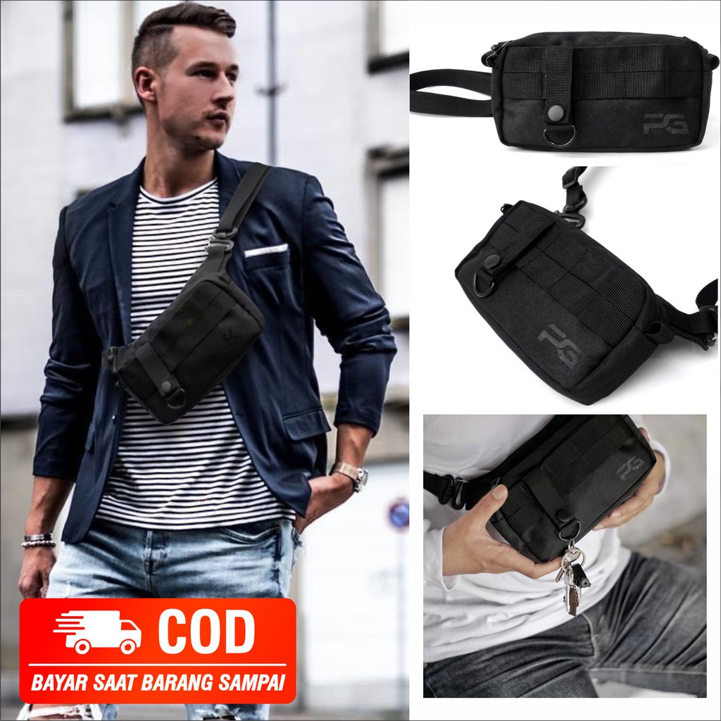 Tas Selempang Slingbag Slempang Waistbag Polos Pria Model Kasual Black Series - PG - 8831