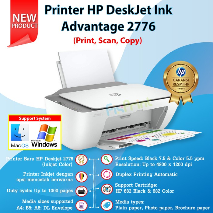 Printer HP Deskjet Ink Advantage 2776 Print Scan Copy All-In-One WiFi with Cartridge 682 Black Color