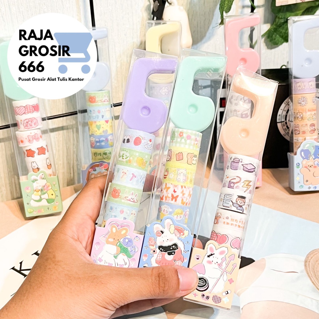 

1 set solatip mini washi tape dengan dispenser mini paket alat sekolah jurnal jurnaling kado unik isi 8 selotip gambar makanan warna pastel lucu
