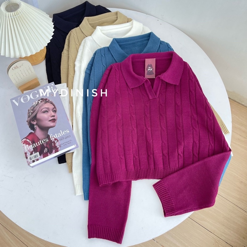 Laura Crop Cable blouse - Atasan wanita Polo Berkerah