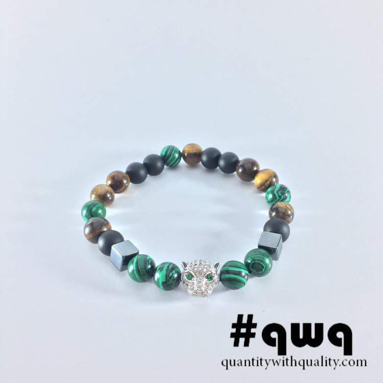 gelang cowok SWA2 with malachite, brown tiger eye, blackstone, and leopard cubic zirconia