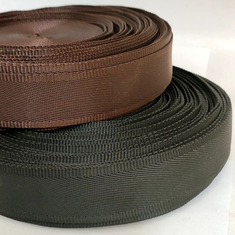 Webbing Nylon Variasi Pinggir Lebar 2.5cm dan 3.8cm warna hitam dan coklat ketebalan 0.8mm