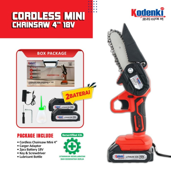 Mesin Chain Saw Gergaji Mini Potong Kayu Cordless Baterai - Chainsaw Mini Kodenki 18V  02 Baterai