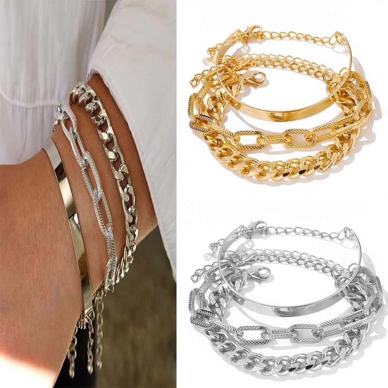 3 Pcs/set Gelang Punk Berlebihan | Emas Perak Wanita Perhiasan Tangan Hip Hop Metal Chain Set