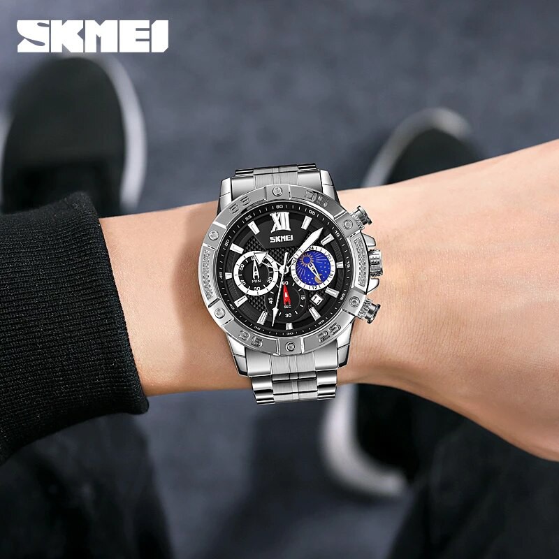 SKMEI 9235 Jam Tangan Pria Analog Chronograph Casual Quartz Tali Stainless WATCHKITE WKOS