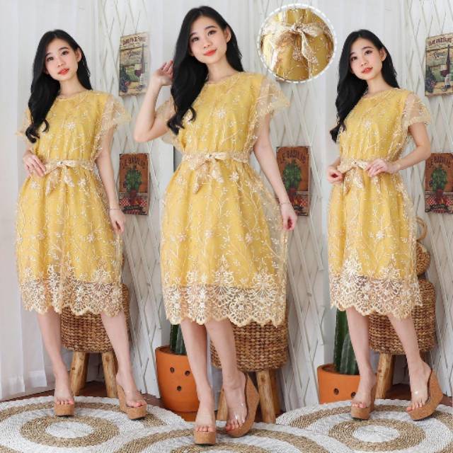 REOFST - Dress Kondangan Muslim Party Dress Remaja Pendek Maxi Dress Brukat Tile Bordir Glitter